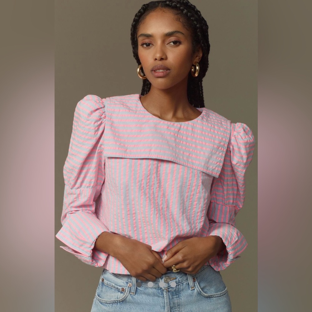 NWT! Maeve Puff-Sleeve Seersucker Blouse - Picture 2 of 8
